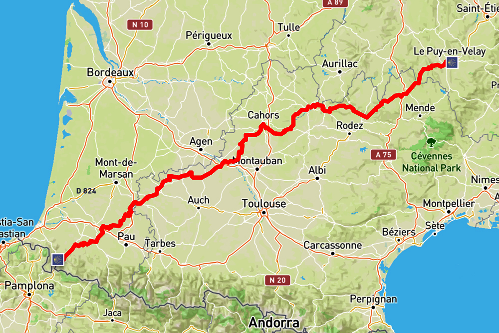 Carte des étapes de la Voie du Puy vers Compostelle